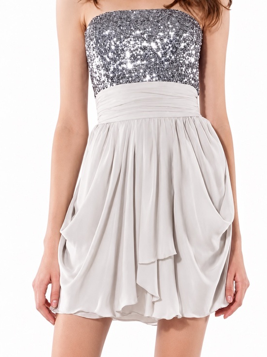 Bill Levkoff Dresses & Skirts - Bill Levkoff Silver Sequin Bodice Strapless Chiffon Dress